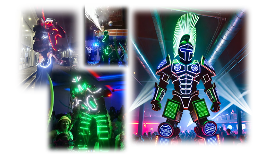 Robots de leds iluminados en presentación nocturna